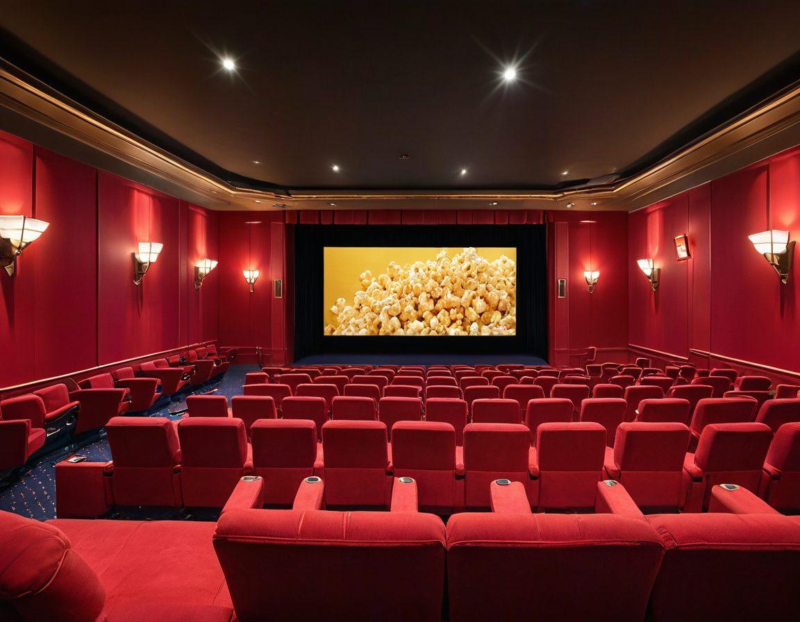 A luxurious cinema interior with plush seating, showcasing a giant screen displaying an action-packed scene from a blockbuster film. The ambiance should be illuminated with vibrant lights reflecting the excitement of moviegoers, who are eagerly anticipating the screening. Include film reels and popcorn buckets, symbolizing the ultimate cinematic experience. super-realistic. vibrant colors. cinematic style.