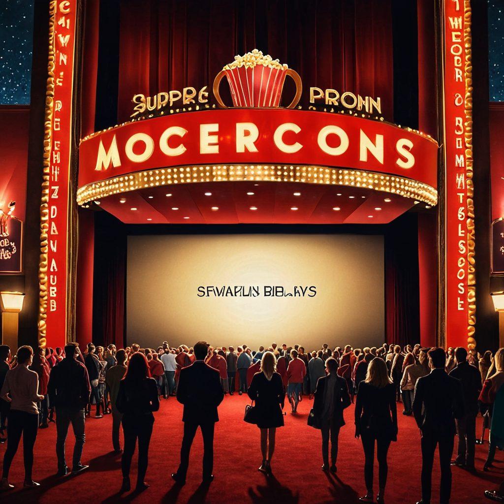 A captivating movie theater scene filled with excited moviegoers, illuminated marquee lights showcasing upcoming premieres. Include a large screen displaying iconic film moments, vivid popcorn and drink stands, and a red carpet entrance. Emphasize vibrant colors and an atmosphere of anticipation and magic. super-realistic. vibrant colors.