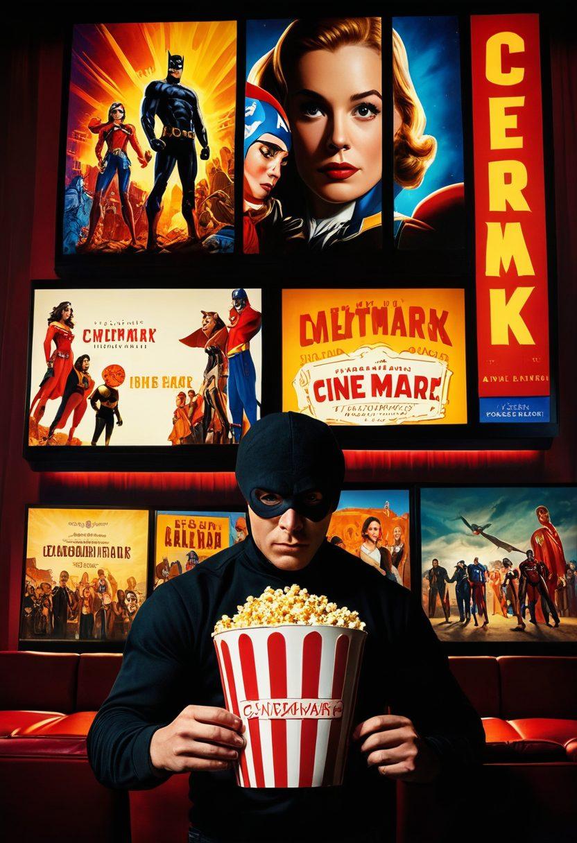 A cinematic collage showcasing a diverse selection of movie genres: a cozy family scene with popcorn and a classic film poster, an action-packed superhero character in mid-flight, and a thrilling horror scene with shadows and intense colors. Surround this with a vibrant marquee sign that reads 'Cinemark'. Incorporate dynamic lighting effects to enhance the excitement. vibrant colors. super-realistic.